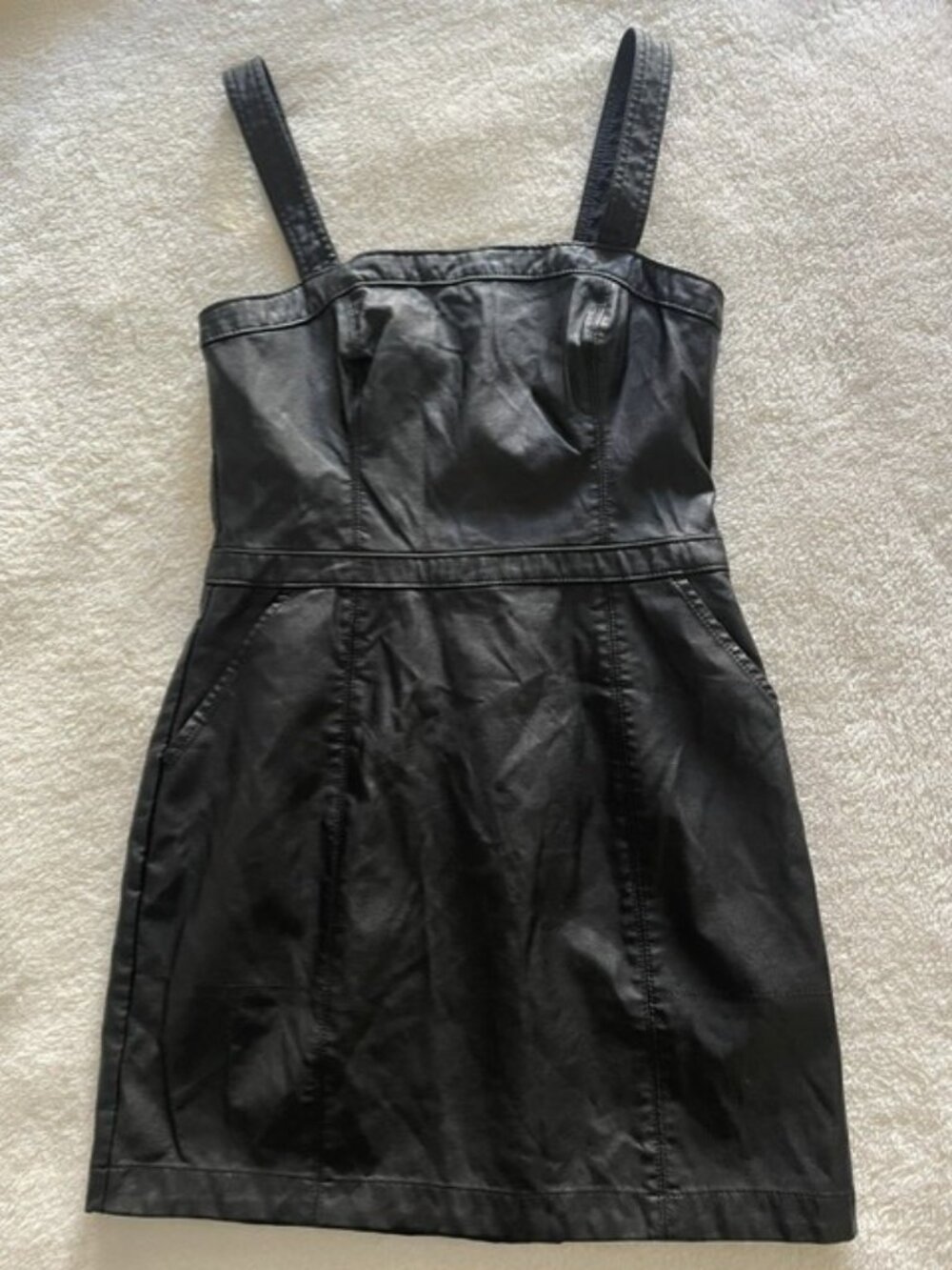 Abercrombie & Fitch Black Vegan Faux Leather Mini Pinafore Dress Size S